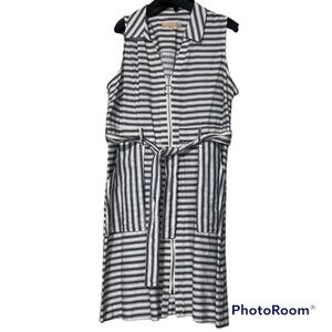 HOPE & HARLOW size 12P women's sleeveless linen dress blue ivory pockets belted